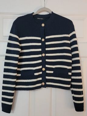 Women's Chic Blue & White Striped Cardigan With Gold Buttons